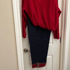 OUTFIT: Red Cable Knit Women's Sweater and Jeans with red cuff.